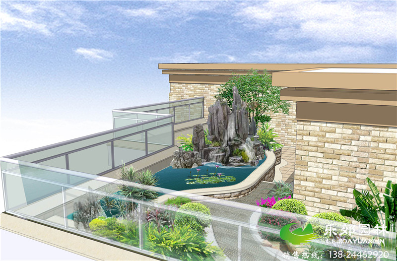 別墅樓頂花園魚(yú)池假山設計圖片